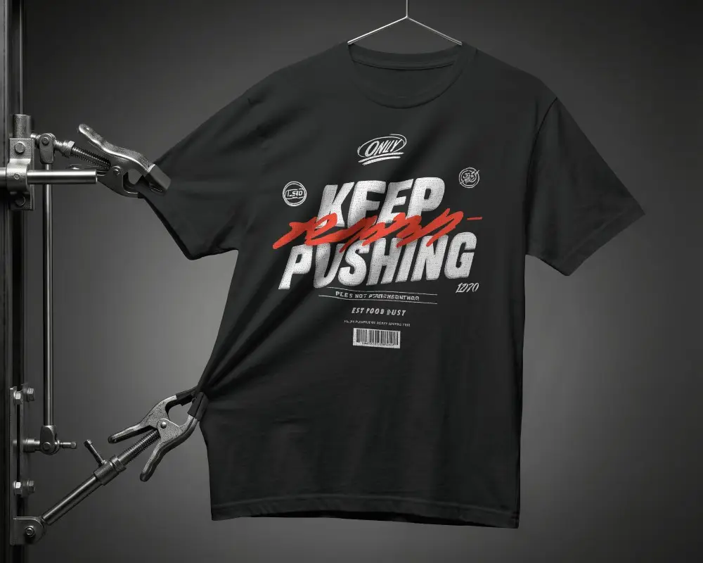Clamped Hanging T Shirt Mockup Studio Grey Background Wrinkled Fabric Realistic Shadow