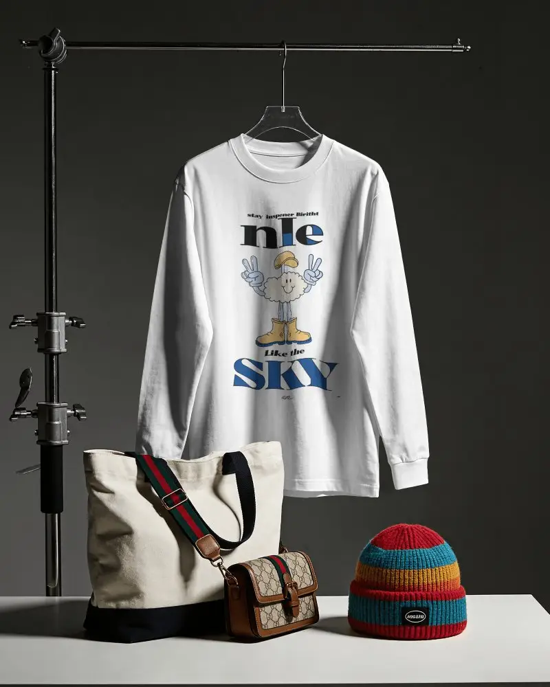 Hanging Long Sleeve T Shirt Mockup Studio Table With Tote Bag Beanie And Small Purse