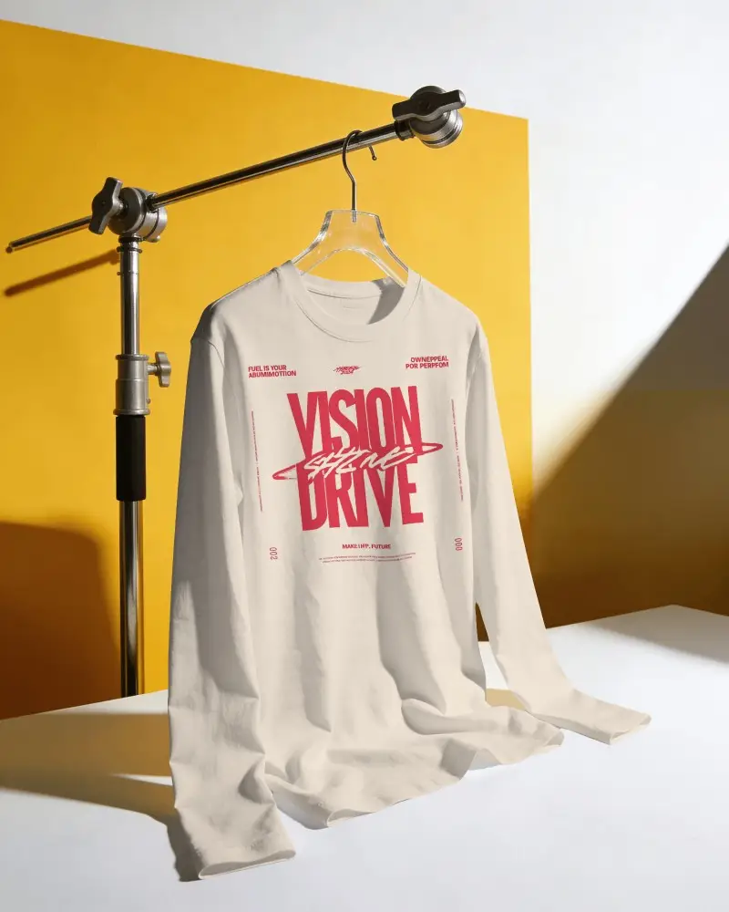 Yellow Corner Studio Long Sleeve T Shirt Mockup Hanging On Clear Hanger With Hard Sunlight
