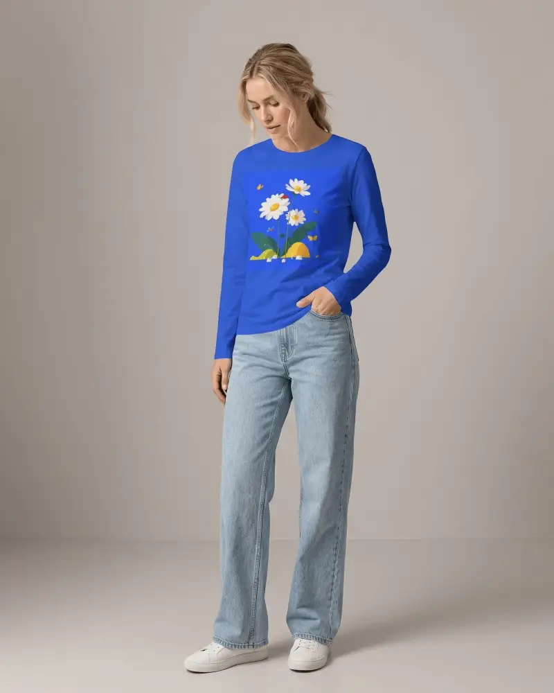 Female Model Long Sleeve T Shirt Mockup With Hand In Pocket Neutral Studio Relaxed Standing Pose