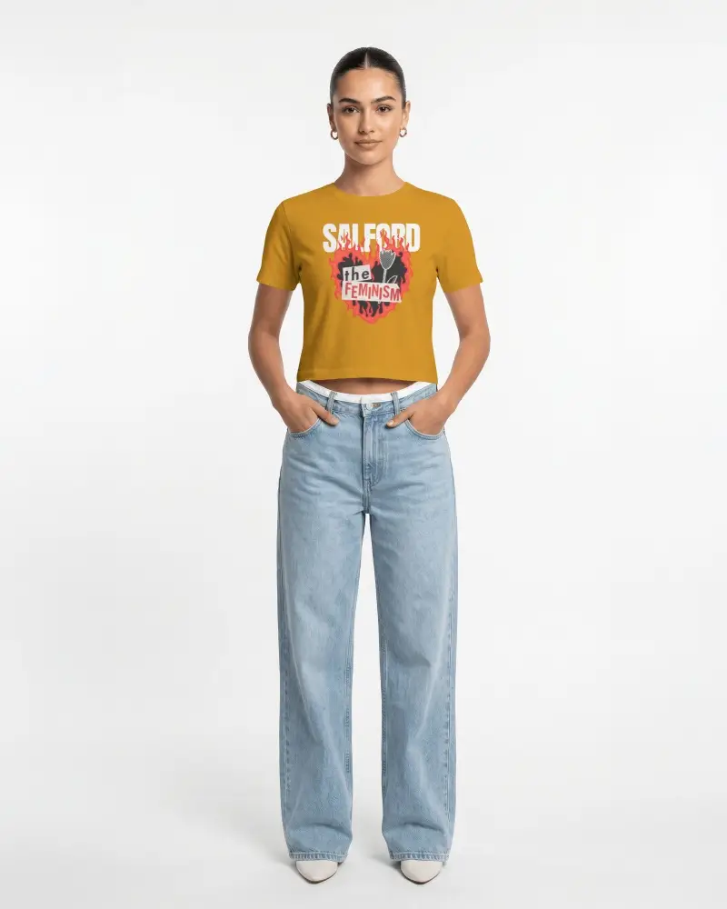 Cropped T Shirt Mockup Female Model Front View Hands In Jeans Pocket Clean White Soft Even Lighting