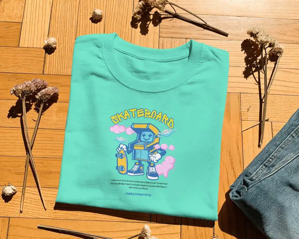 Folded T Shirt Mockup Flat Lay On Wooden Floor With Dried Flowers And Denim And Rustic Wood Texture