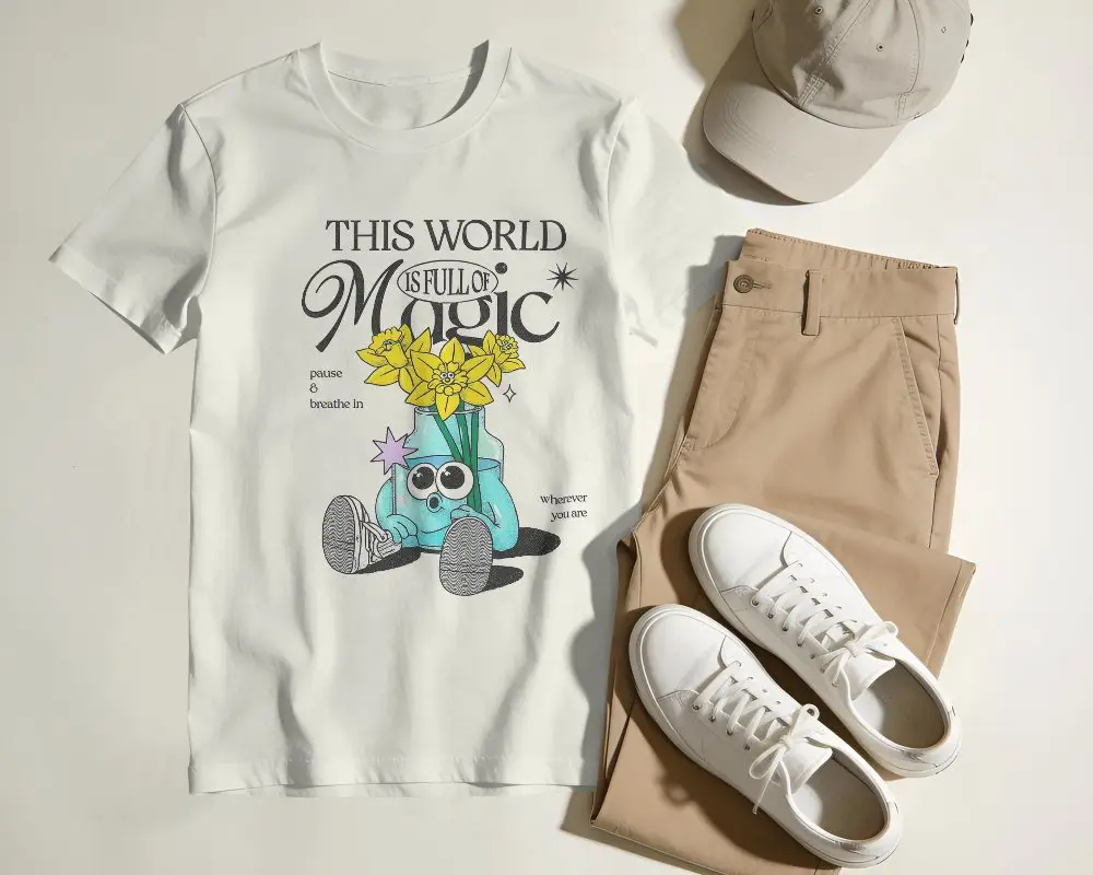 Soft Sunlight Minimal Lifestyle Flat Lay T Shirt Mockup With Folded Trouser And Clean Studio Shadow