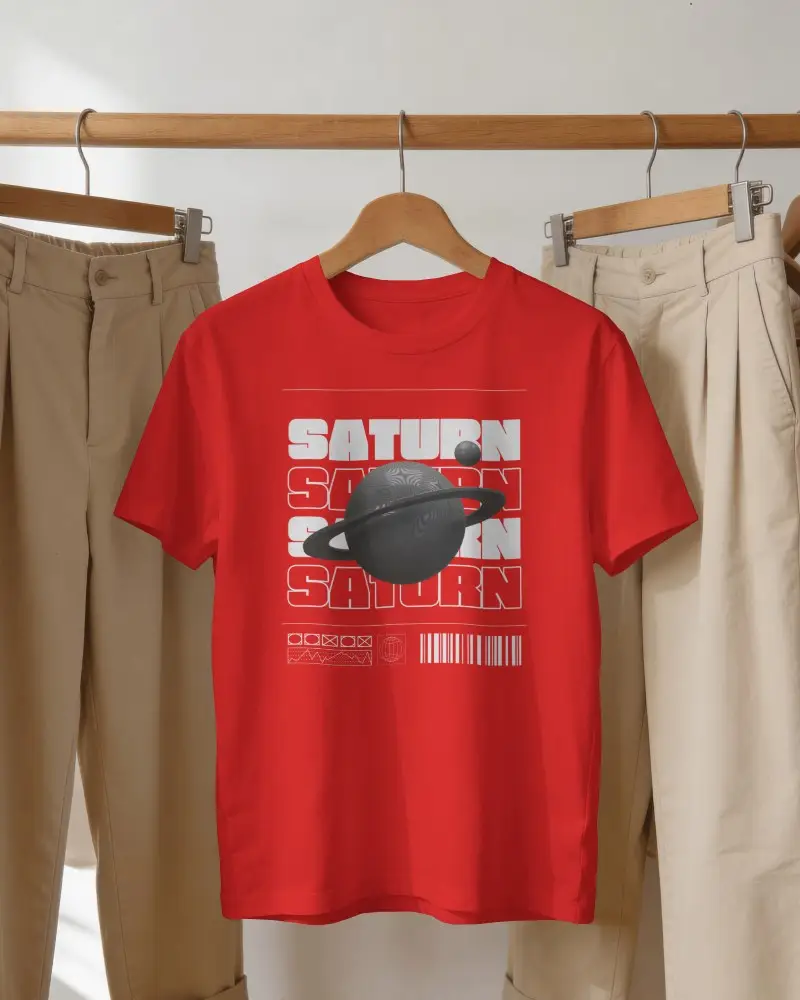 Hanging T Shirt Mockup Between Neutral Trousers On Wooden Clothing On Rail With Soft Home Studio
