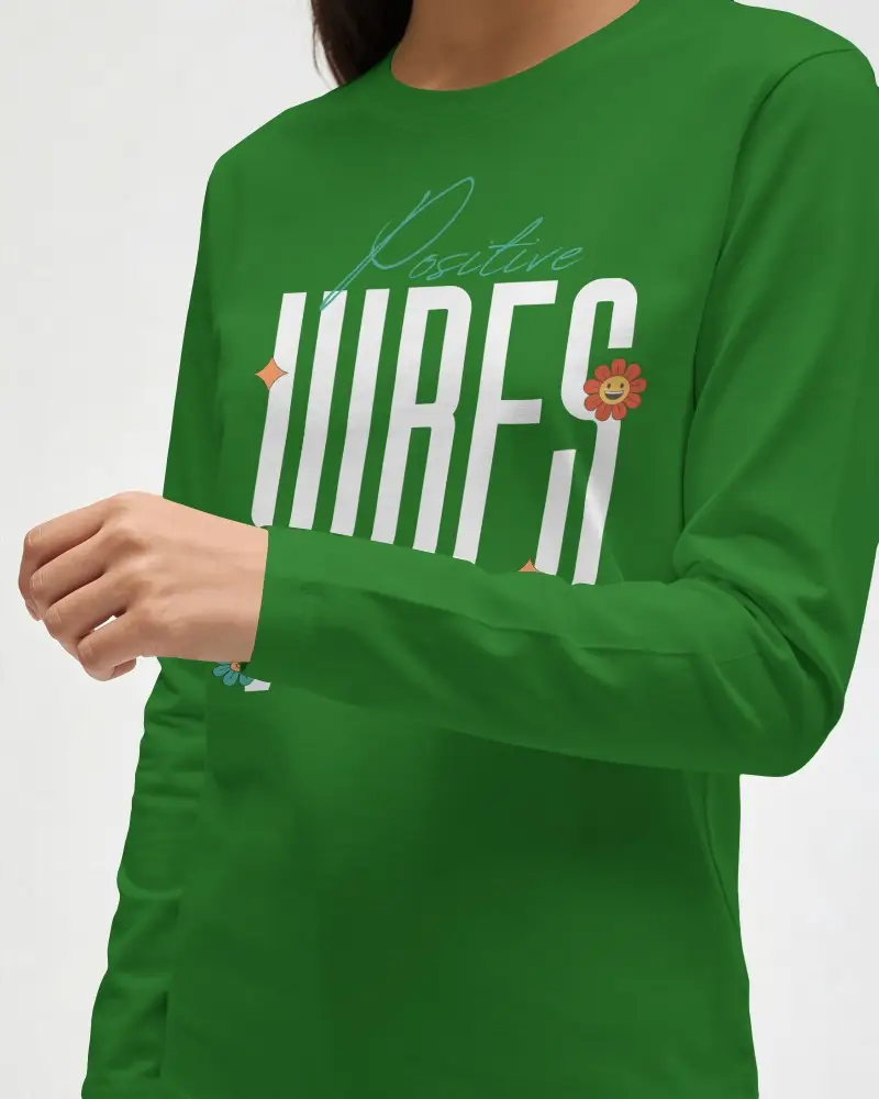 Closeup Womens Long Sleeve T Shirt Mockup With Natural Arm Pose And Soft Light Relaxed Arm Position