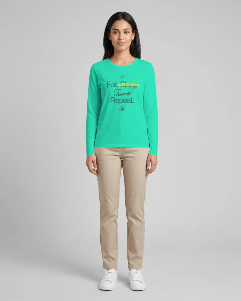 Minimal Women Long Sleeve T Shirt Mockup With Beige Pants And White Sneakers Grey Studio Background