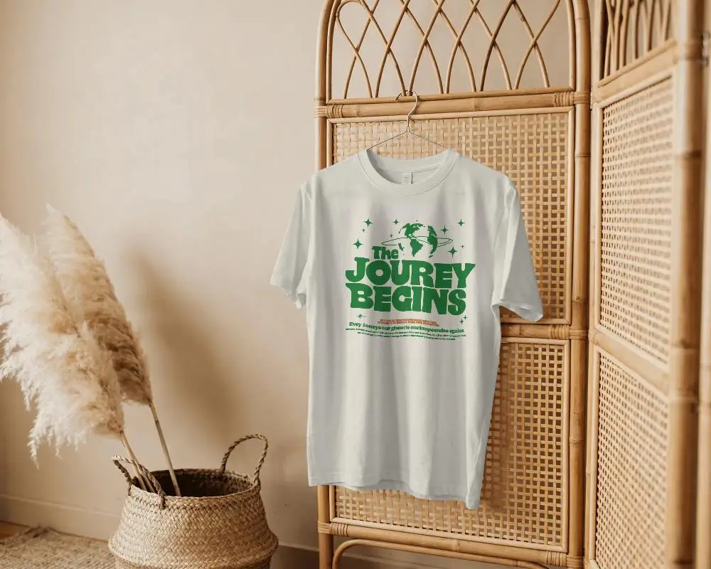 Simple Basic Short Sleeve Cotton Tshirt Mockup Hanging On Rattan Room Divider Minimal