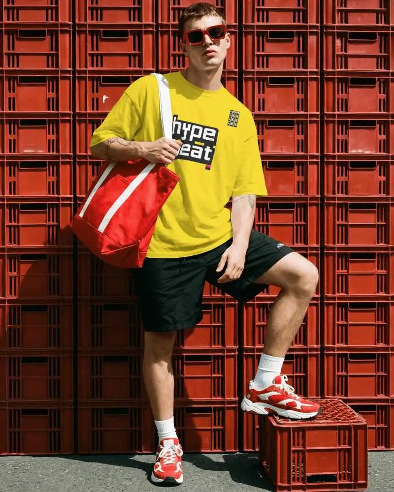 Casual Streetwear Oversized Tshirt Mockup Male Model Outdoor Fashion Styled With Accessories