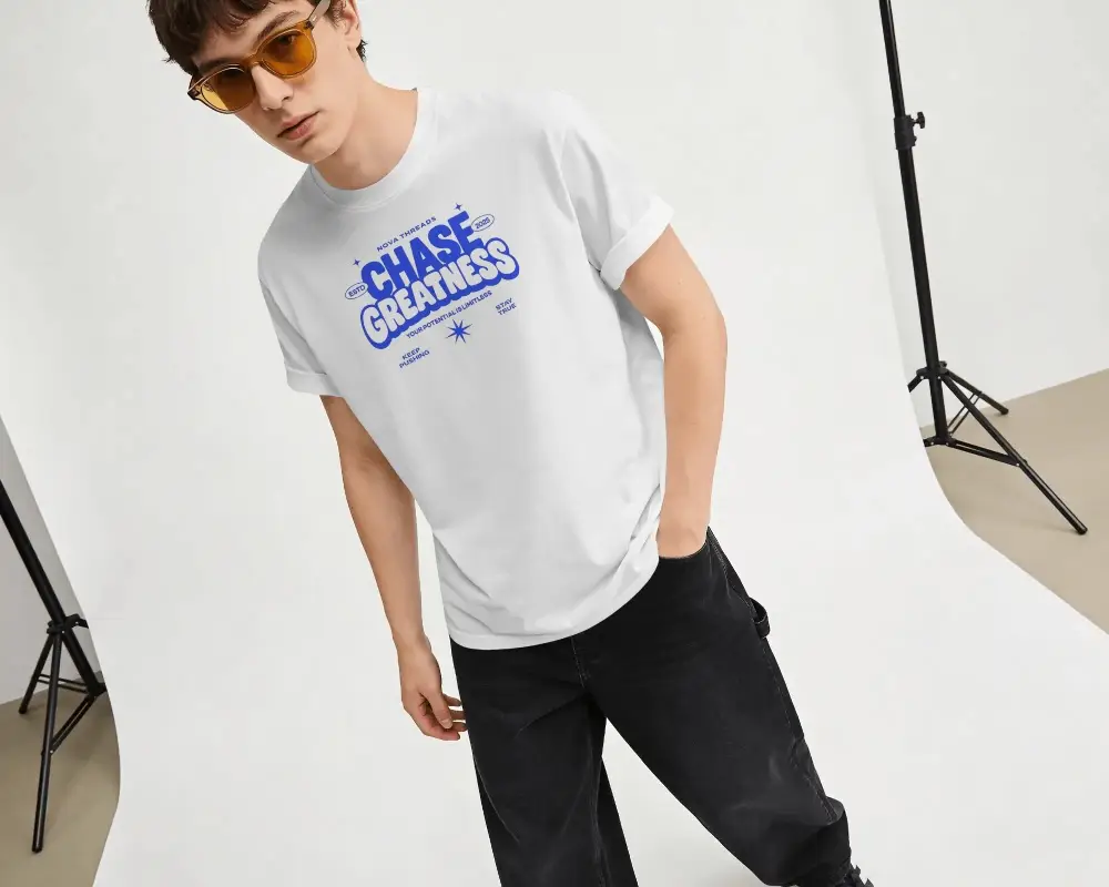 Modern Casual Crewneck Tshirt Mockup Studio Photo Young Model Fashionable Summer