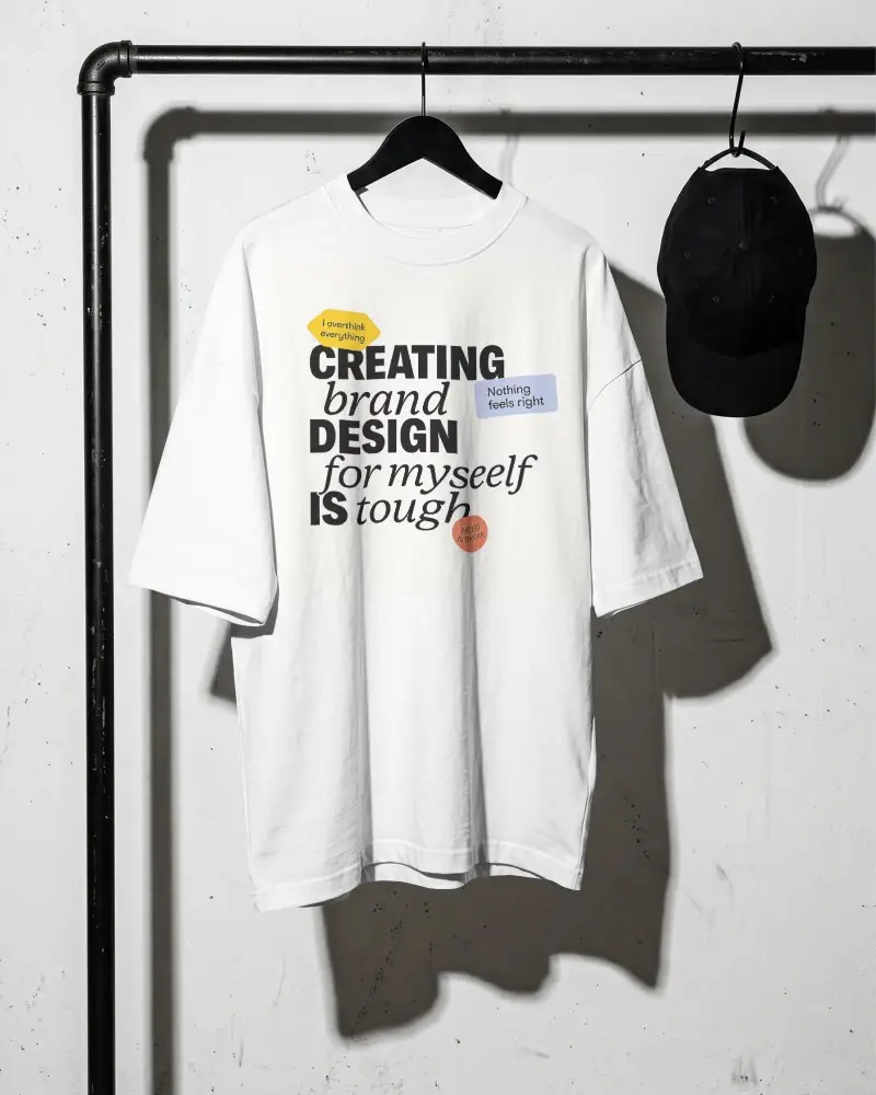 Plain Loose Fit Basic Short Sleeve Tshirt Mockup Hanging On Clothes Rail With Cap Accessory