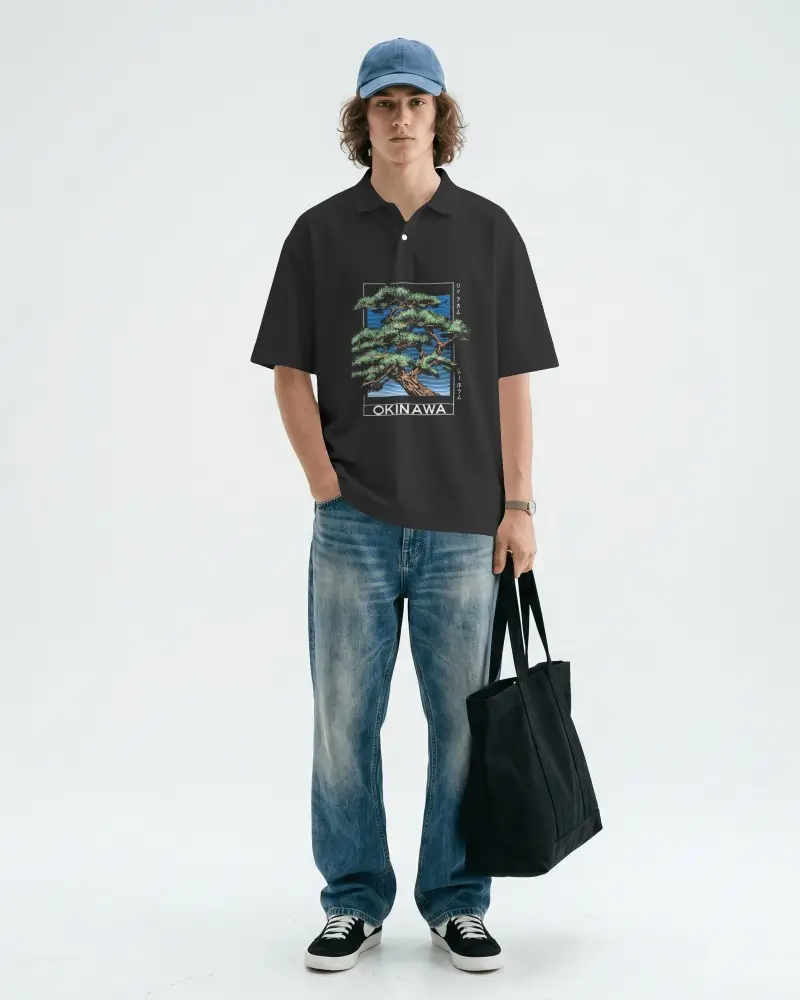 Minimal Studio Polo T Shirt Mockup Male Model Standing Front View With Casual Streetwear Style