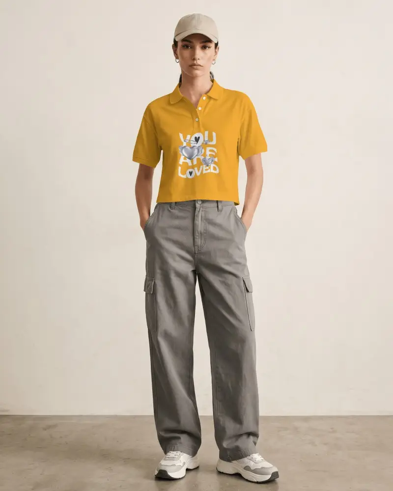 Minimal Studio Cropped Polo T Shirt Mockup Female Model Standing Front View With Clean Fashion Pose