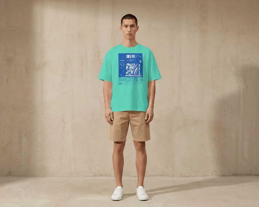 Oversized T Shirt Mockup Male Model In Shorts Against Textured Wall Premium Apparel Scene