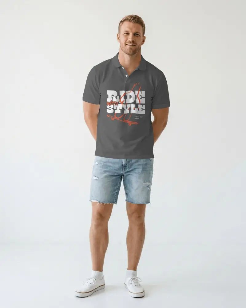Minimal Studio Polo T Shirt Mockup Male Model Smiling With Hands Behind Back Clean Ecommerce