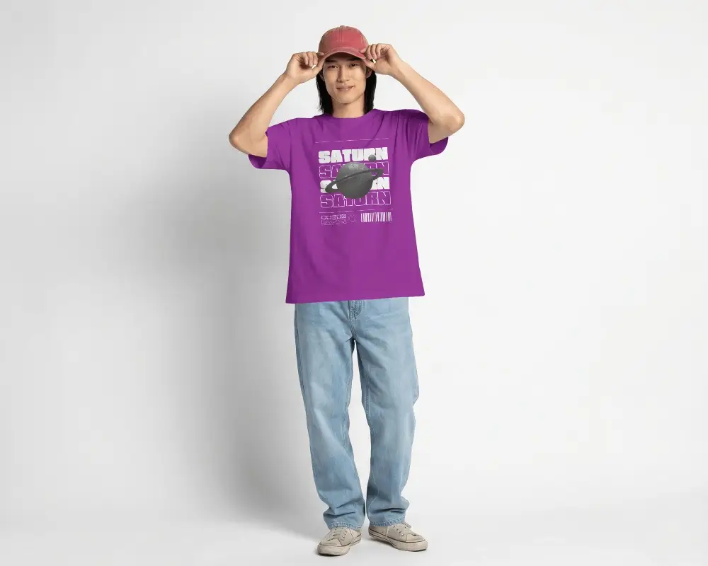 Minimal Studio T Shirt Mockup Male Model Adjusting Cap With Relaxed Streetwear Pose