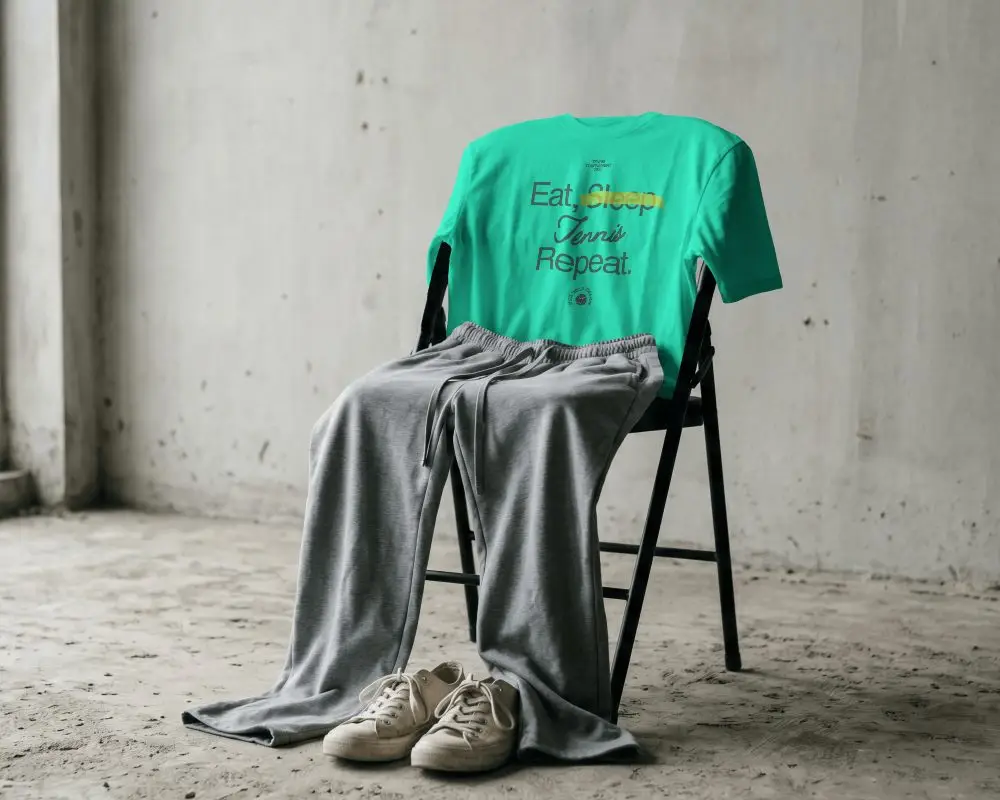 Industrial Chair T Shirt Mockup With Matching Sweatpants And Sneakers In Raw Concrete Studio