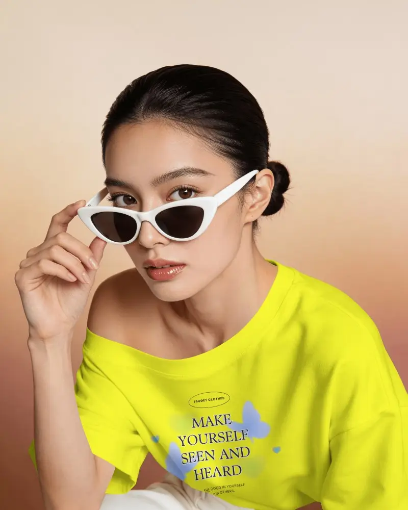 Close Up T Shirt Mockup Female Model Adjusting Sunglasses With Editorial Fashion Expression