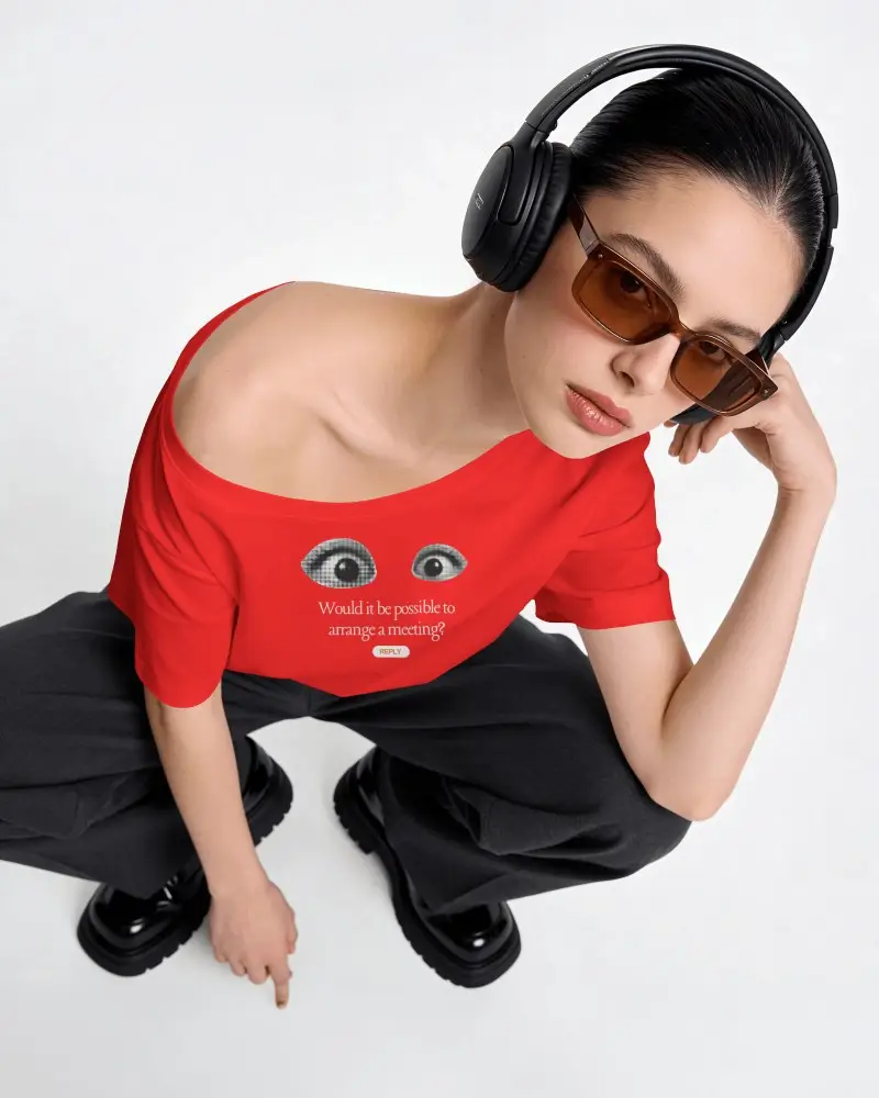 High Angle T Shirt Mockup Female Model Squatting With Headphones And Sunglasses In Modern Studio
