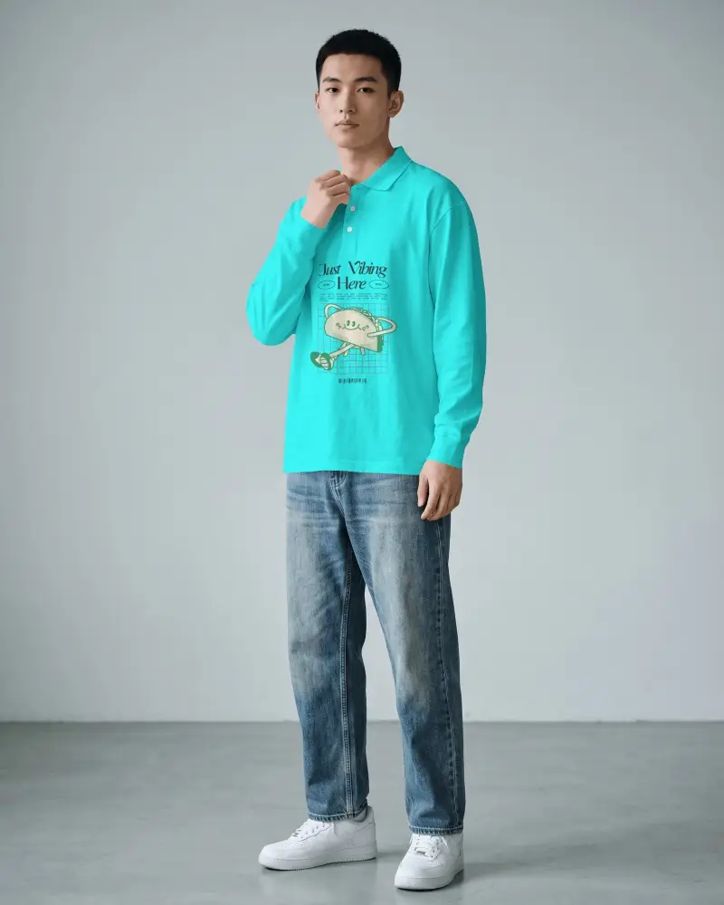 Long Sleeve Polo T Shirt Mockup Male Model Adjusting Collar In Minimal Studio Setting