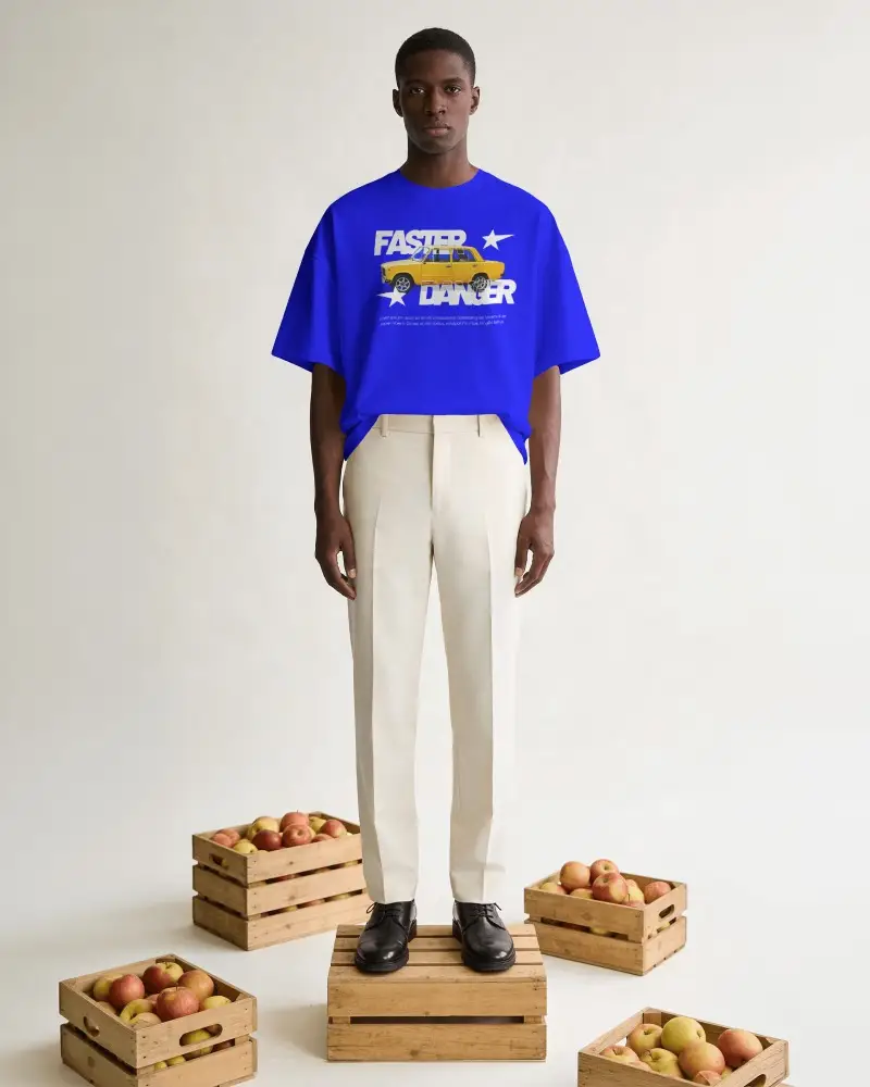 Market Studio T Shirt Mockup Male Model Standing On Wooden Crate With Apple Box Props