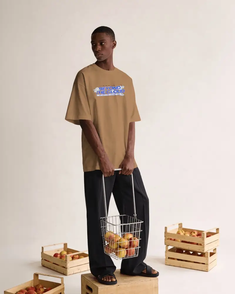 Market Inspired T Shirt Mockup Male Model Holding Wire Basket With Apple Crate Studio Props