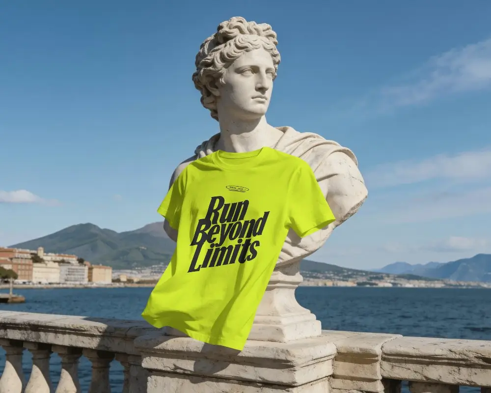 Marble Bust T Shirt Mockup With Ocean View Background And Premium Art Inspired Composition