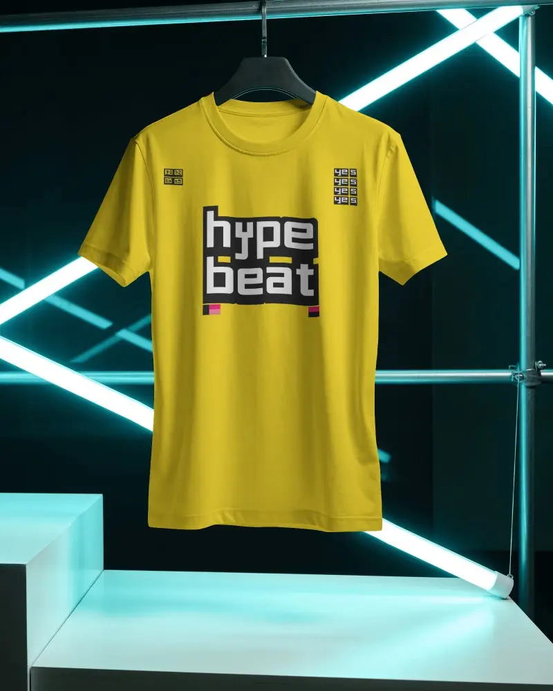 Neon Studio T Shirt Mockup Hanging On Black Hanger With Cyberpunk Light Frame Background