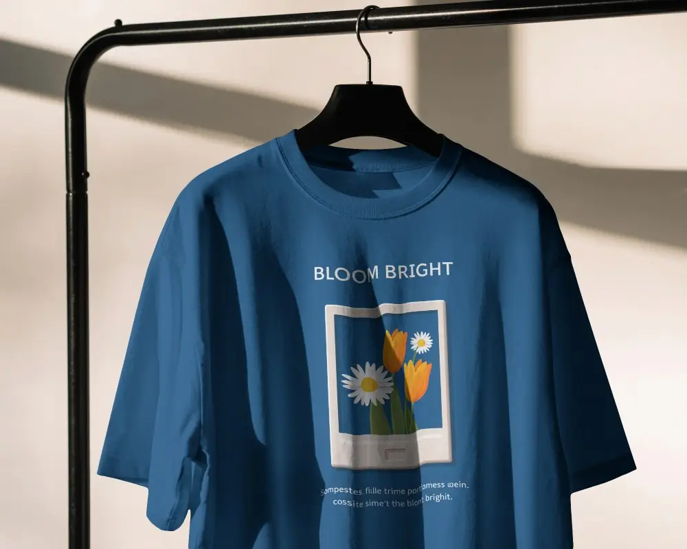 Close Up T Shirt Mockup Hanging On Rack With Dramatic Window Shadow And Clean Product Focus