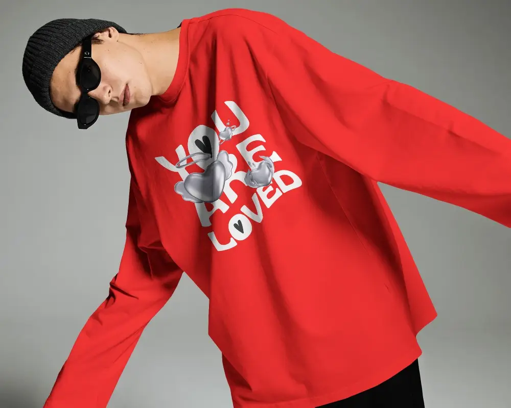 Dynamic Oversized T Shirt Mockup Male Model Leaning Sideways With Beanie And Sunglasses