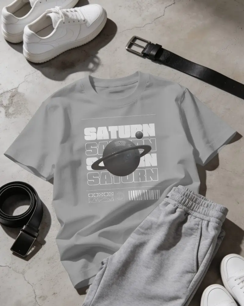 Flat Lay T Shirt Mockup With Sweatpants Sneakers And Belts On Concrete Floor