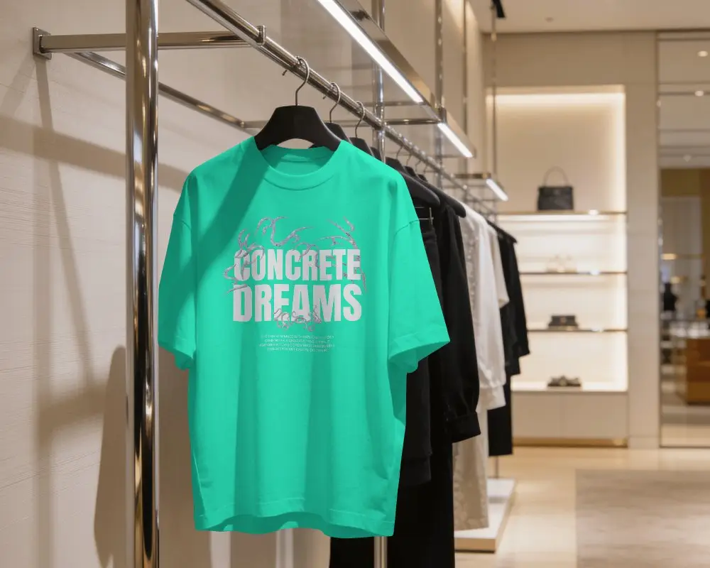 Boutique Store T Shirt Mockup Hanging On Rack With Premium Retail Interior Background