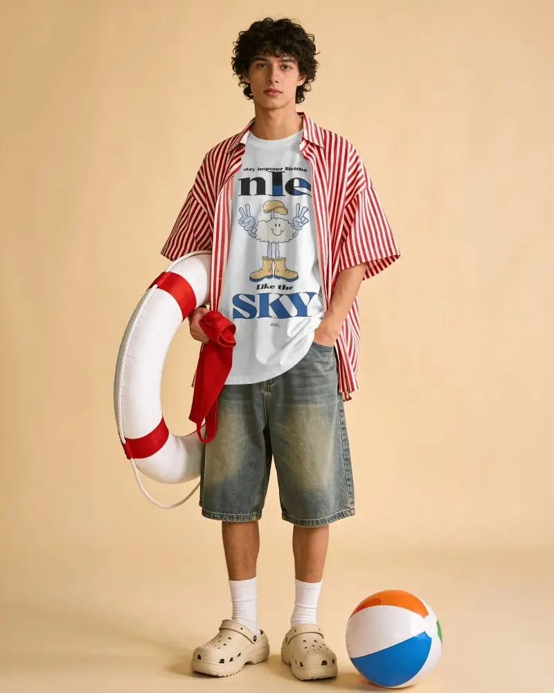 Beach Inspired T Shirt Mockup Male Model Wearing Open Striped Shirt With Summer Accessories