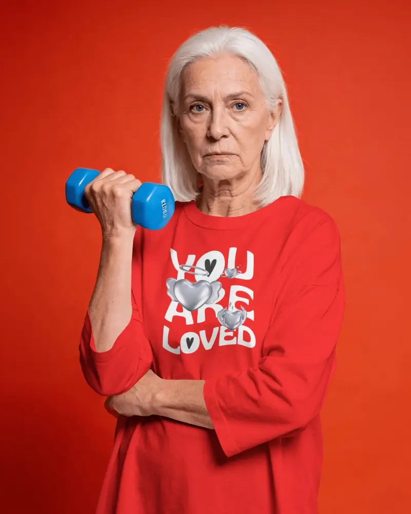 Senior Fitness T Shirt Mockup Female Model Holding Blue Dumbbell Against Bold Red Studio Background