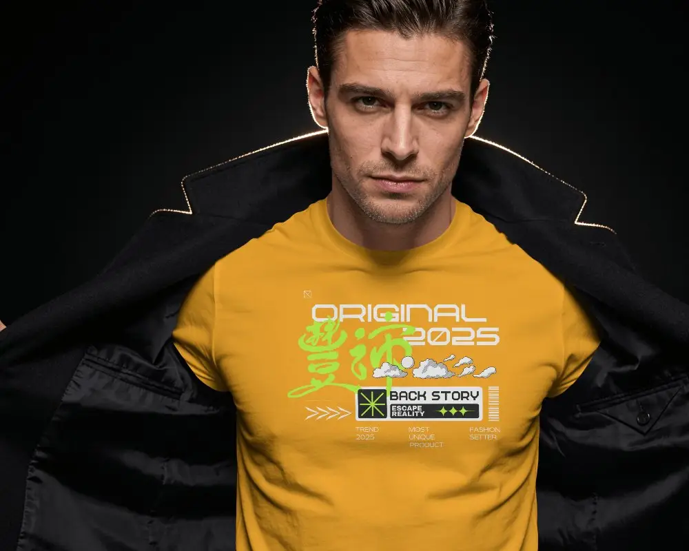 Dark Editorial T Shirt Mockup Male Model Opening Black Coat With Confident Fashion Pose