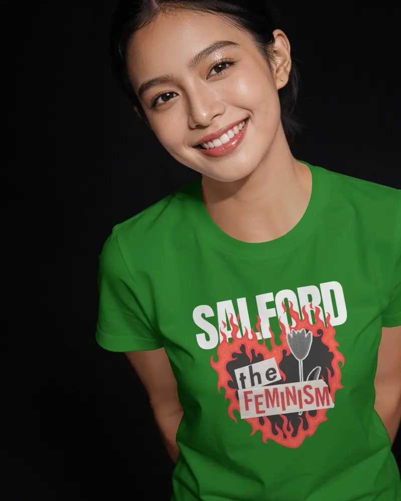 Smiling Female Model T Shirt Mockup Close Up Portrait Against Dark Studio Background