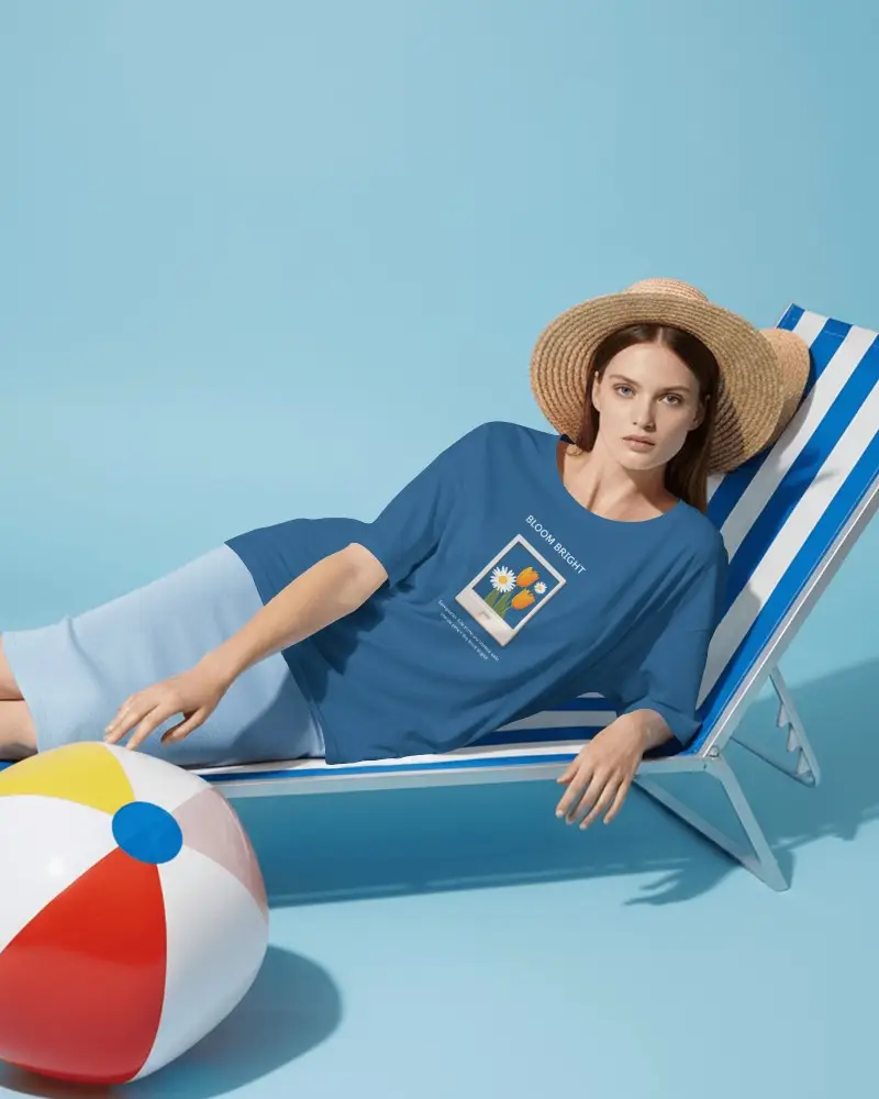 Poolside Summer T Shirt Mockup Female Model Reclining On Striped Lounger With Beach Ball Straw Hat