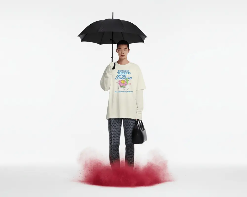 Conceptual Studio T Shirt Mockup Male Model Holding Black Umbrella With Red Smoke At Feet
