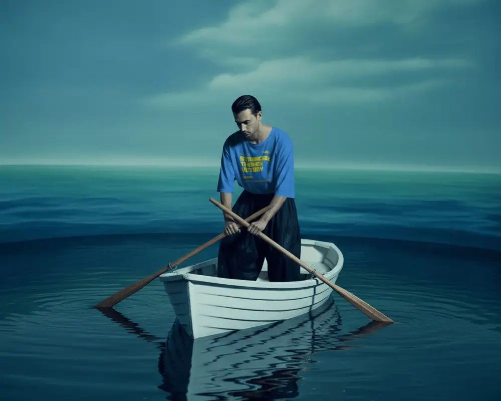 Surreal Ocean T Shirt Mockup Male Model Rowing Small Boat In Cinematic Blue Water Scene