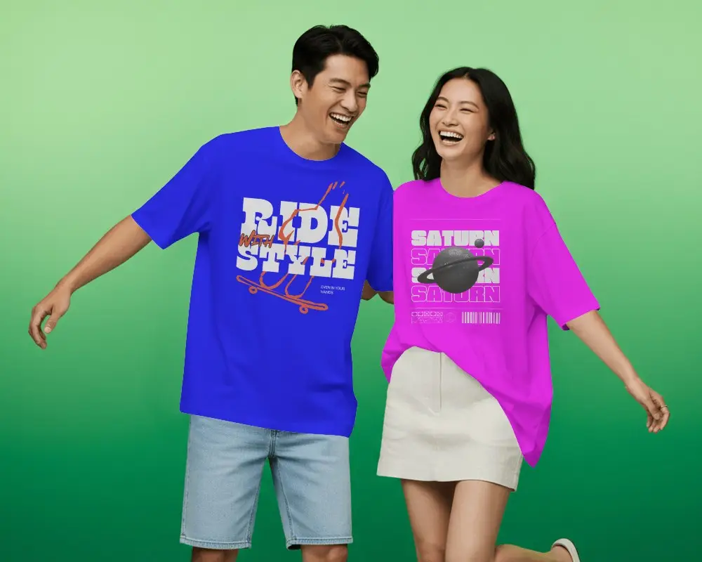 Couple T Shirt Mockup Smiling Male And Female Models Laughing Together On Green Studio Background