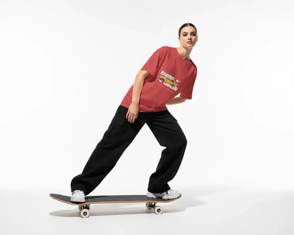Casual Womens Tshirt Mockup With Skateboard Urban Street Style Relaxed Fit Clothing