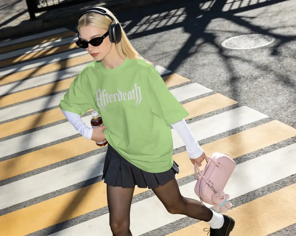 Street Style Woman Wearing Oversized T Shirt Mockup Layered Long Sleeve Skirt Sunglasses Fashion
