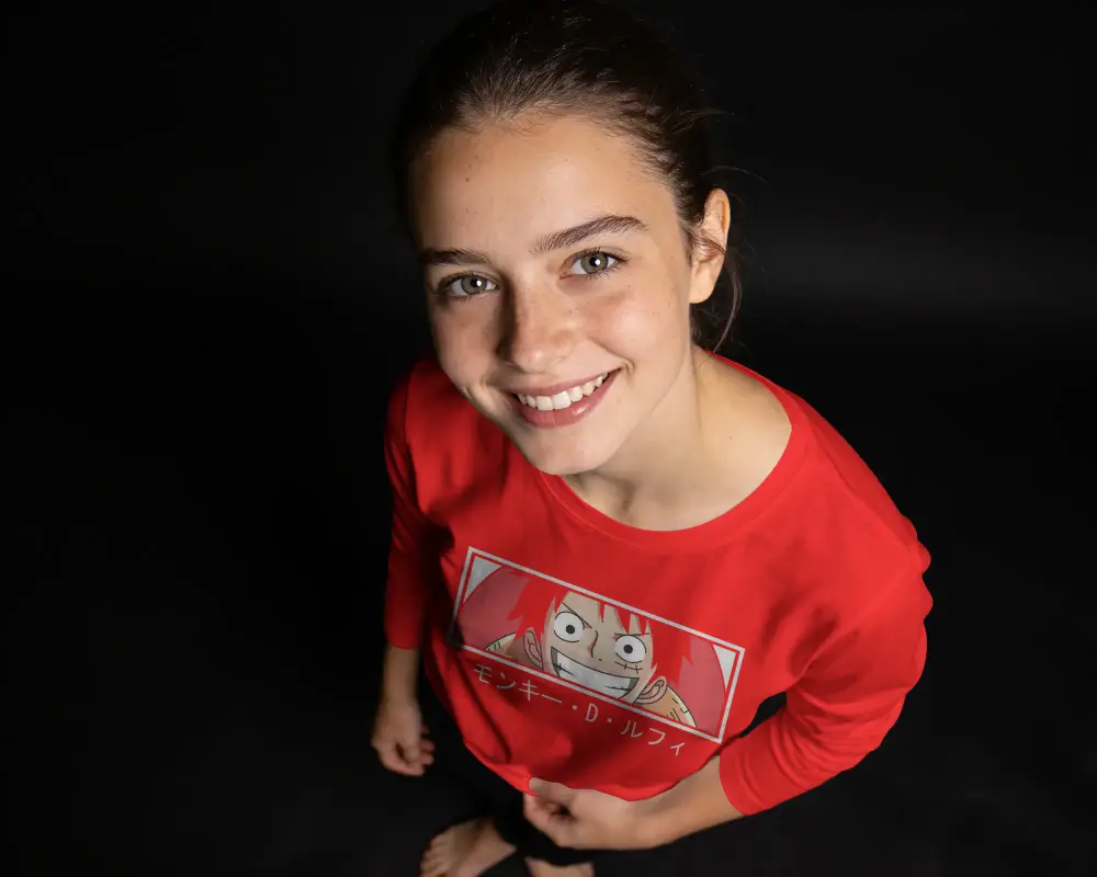 Young Woman Wearing Casual Long Sleeve T Shirt Mockup Front View With Smiling Expression