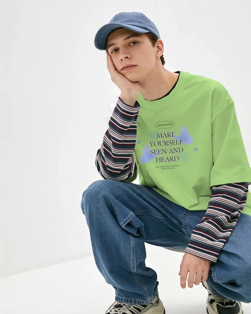 Oversized Comfort Casual Tshirt Mockup Layered With Striped Long Sleeve For Streetwear Style