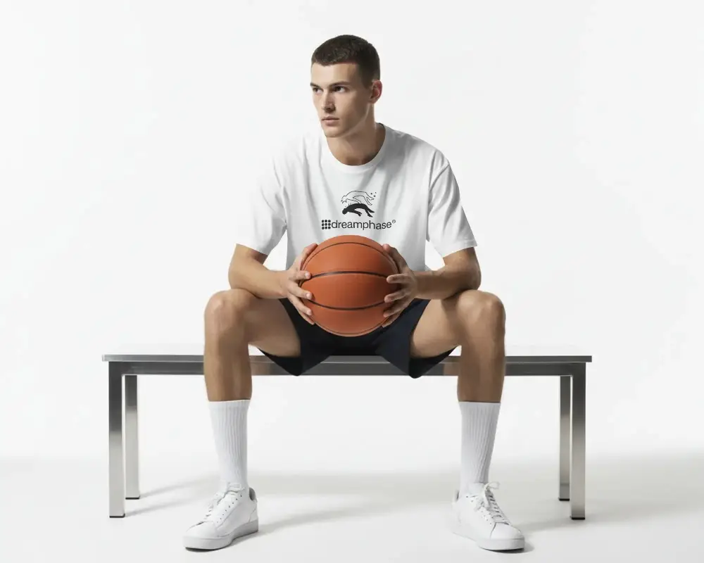 Casual Athletic Tshirt Mockup For Sportswear Fashion Model Basketball Accessory Sitting