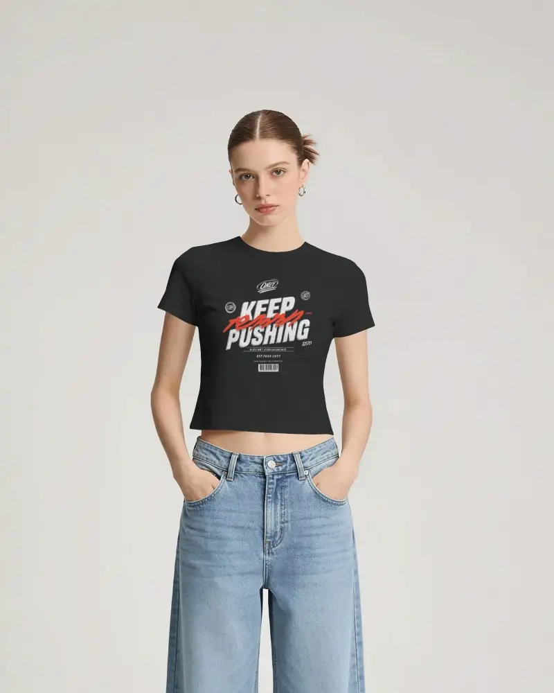 Female Model Cropped T Shirt Mockup Front Facing With Hands In High Waisted Jeans Pockets