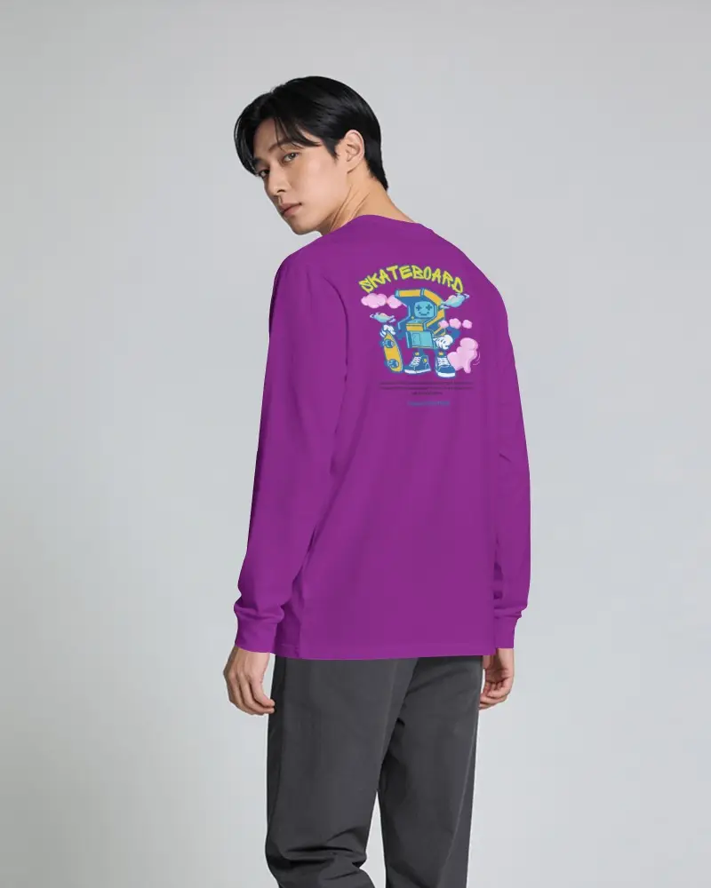 Back View Long Sleeve T Shirt Mockup With Male Model Glancing Over Shoulder In Minimal Studio