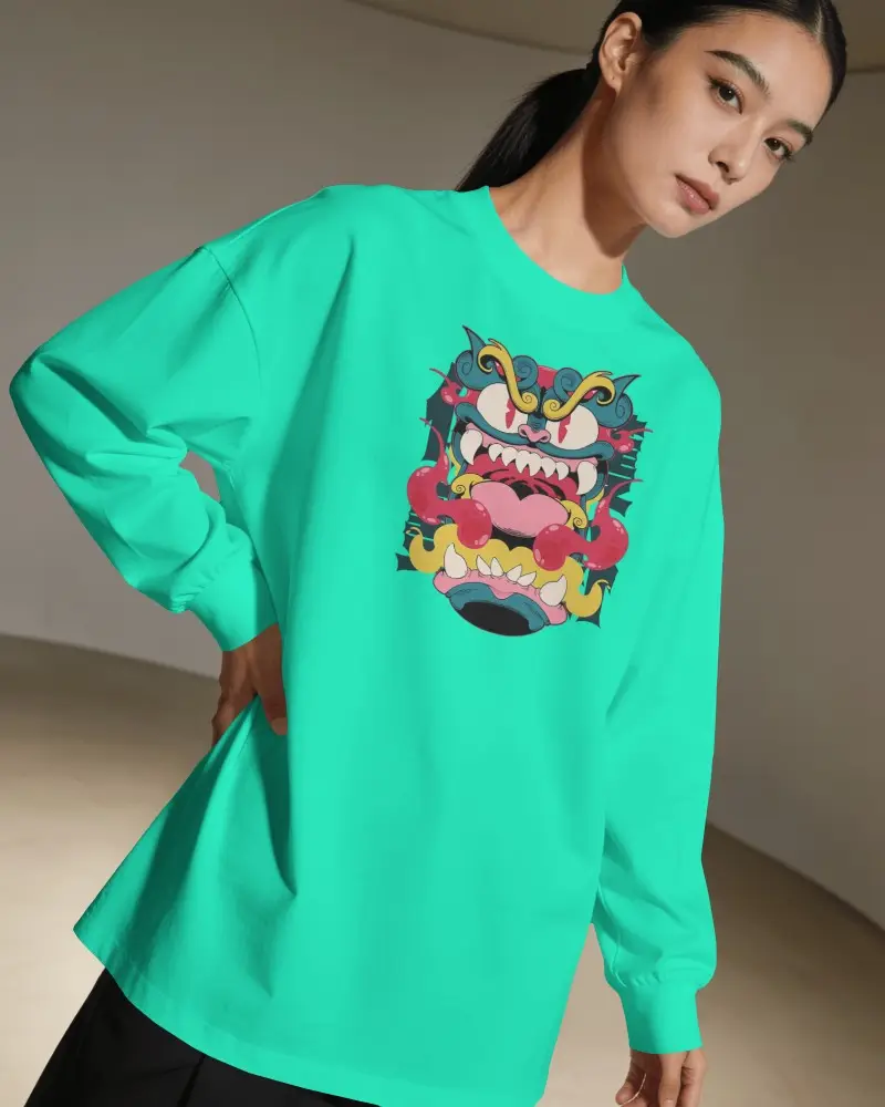 Oversized Long Sleeve T Shirt Mockup On Female Model Leaning Toward Camera With Hand On Hip