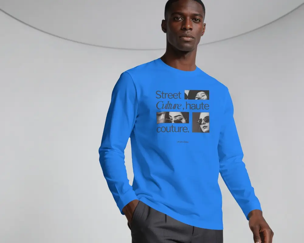 Architect Studio Long Sleeve T Shirt Mockup With Male Model Standing In Relaxed Three Quarter Pose