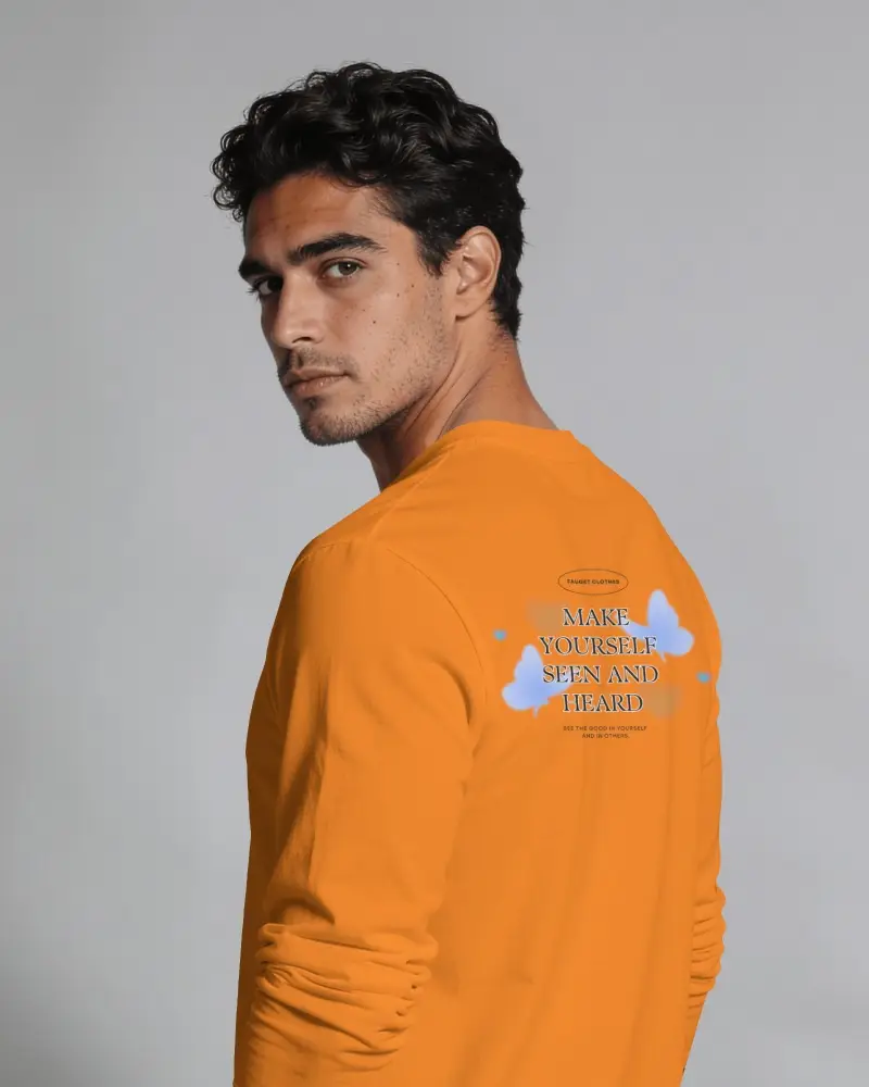 Over The Shoulder Mens Long Sleeve T Shirt Mockup With Three Quarter Rear View And Direct Gaze