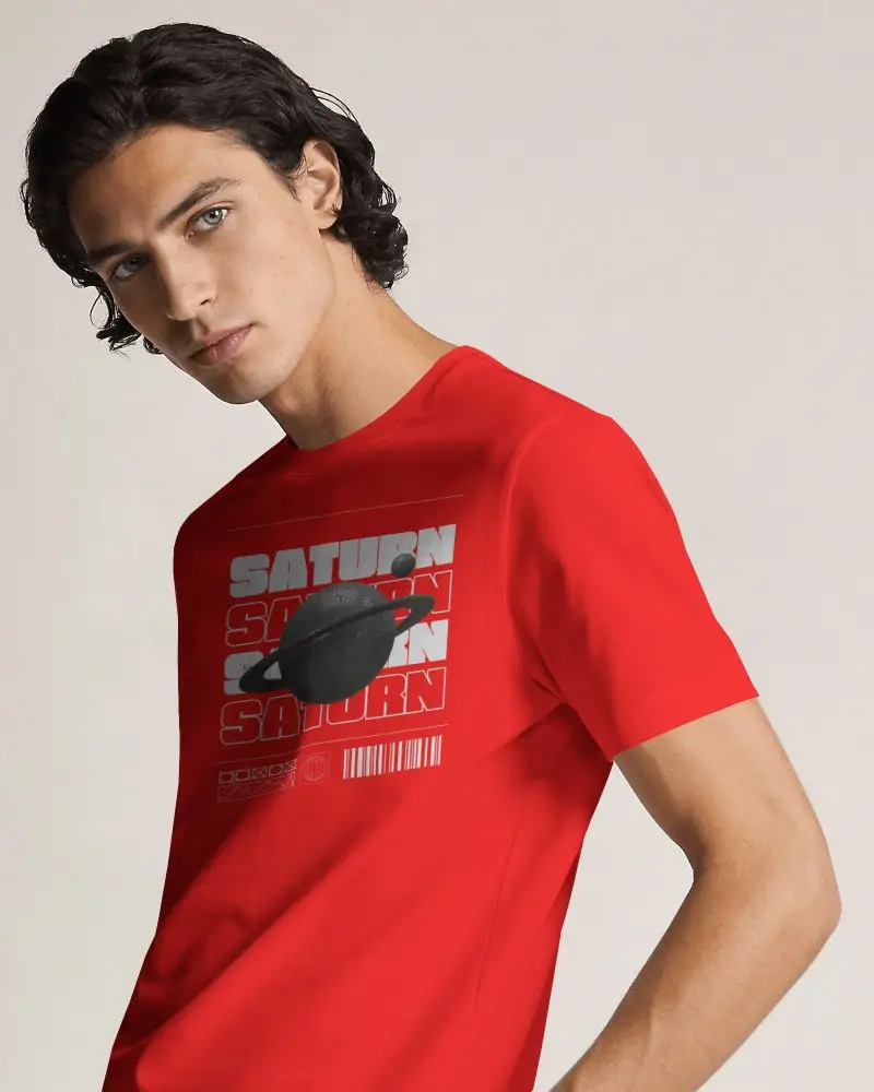 Editorial Mens Tee Mockup Featuring Curly Haired Model In Confident Forward Leaning Stance